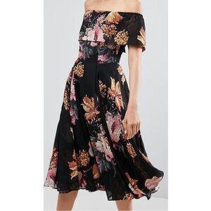 ASOS Bardot Black Off the Shoulder Floral Midi Dress